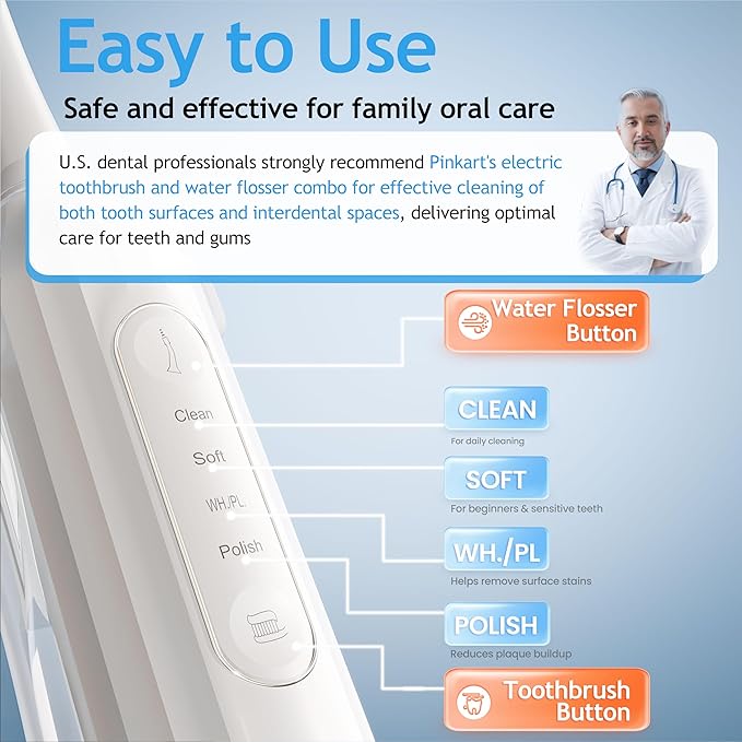 Pinkart 3 in 1 Electric Toothbrush with Water Flosser Combo for Adults, Toothbrush Flosser Combo in One, 8 Brush Heads, Flosser Tip, 180ML Water Tank, Rechargeable Portable Oral Irrigator (White)