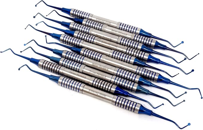 Set of 10 Dental Spoon Excavators 1MM-2.5MM Blue Titanium Coated Tips Restorative Composite Filling Tooth Cavity Carious Decay Removal Double Ended Instruments