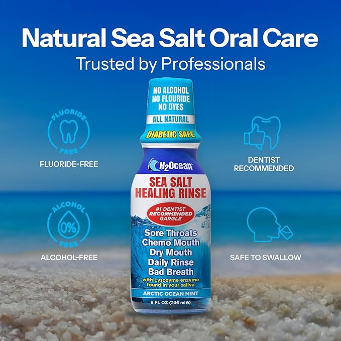 H2Ocean Healing Rinse Natural Sea Salt Oral Care - Mouth Rinse for Oral Care - Great for Piercings, Sore Throats & Gum Health - Alcohol- & Fluoride-Free Mouthwash - Arctic Ocean Mint, 16 oz