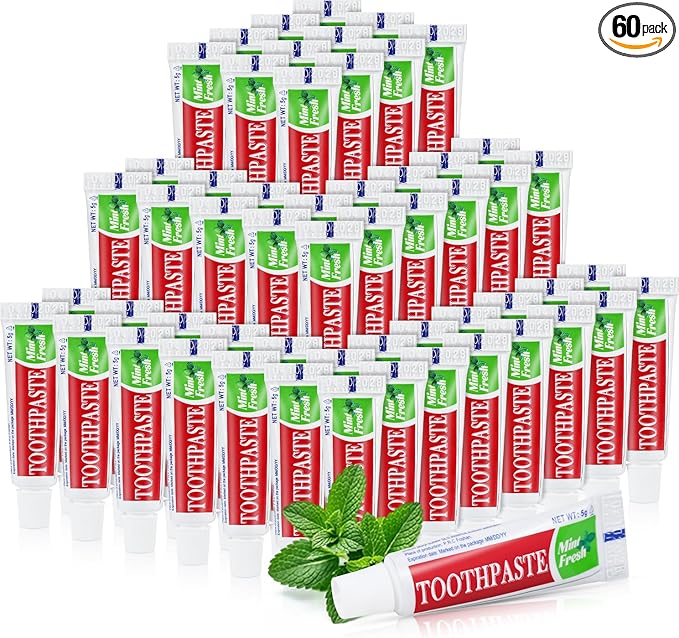 Travel Size Mini 0.176 oz Toothpaste Bulk, Disposable Mint Flavor Pocket Teeth Paste Small Essential Toothpaste for Travel, Home/Hotel/Guests/Charity/Homeless/Camping Oral Care Single Use, 60 Tubes