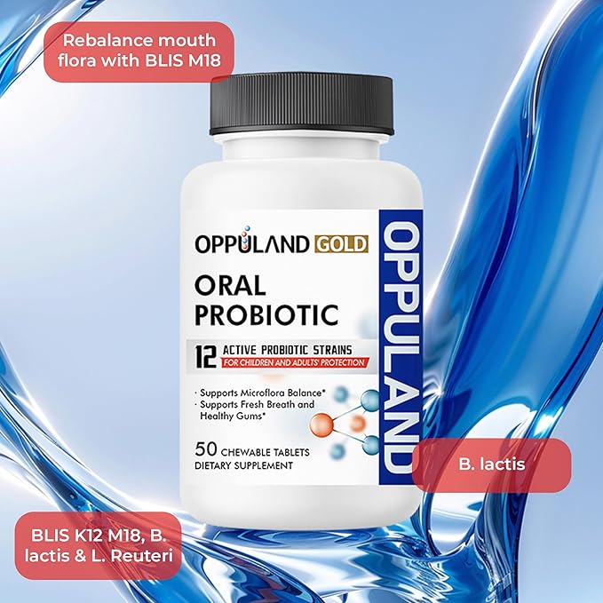Oral Probiotic with 12 Probiotic Strains, BLIS K12 M18, B. lactis & L. Reuteri - Dental Care - Fresh Breath & Gum Health - Easy to Take for Adults & Kids - Scentless - 50 Chewable Tablets