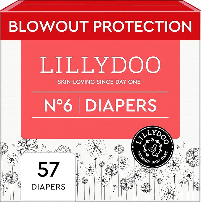 LILLYDOO Baby Diapers - Size 6 (29+ lbs), Half-Monthly Supply (57 Count), Leak Protection, Skin-Friendly, Ultrasoft, Perfume- & Chlorine-Free, Hypoallergenic, dermatologically Tested, Oeko-TEX®