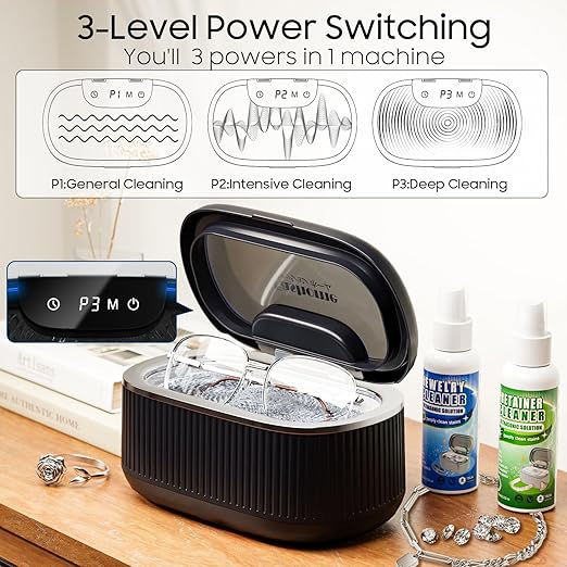 Ultrasonic Cleaner Set with Basket & Light, 304 Stainless Steel Tank, Includes 2×100ml Cleaning Solutions for Silver, Gold, Diamond Rings, Retainers, Glasses, Dentures & Watches