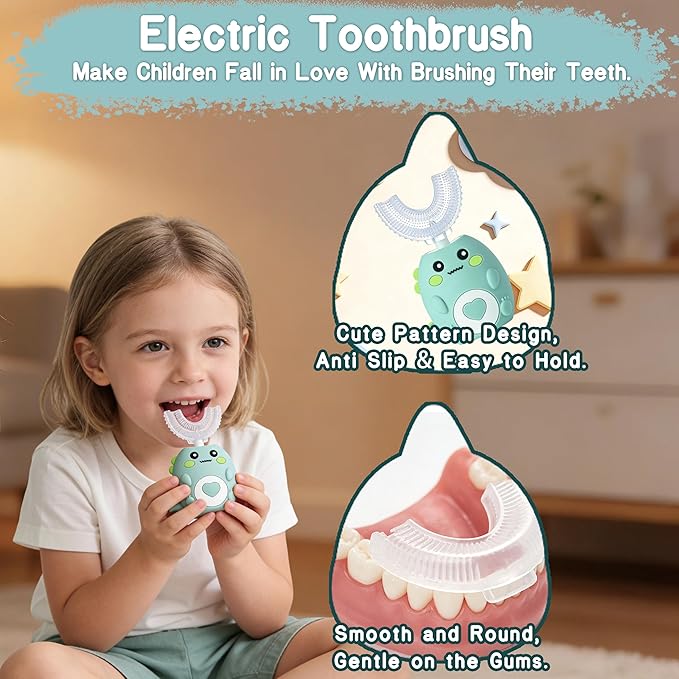 Kids Electric U Shaped Toothbrush, Sonic Automatic Toothbrush Kids with 4 Brush Heads, 3 Cleaning Modes, Cartoon Dinosaur IPX7 Waterproof 360º Round Toddler Electric Toothbrush(Green, Ages 2-12)