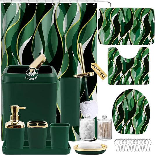 Bathroom Set - Green and Gold Bathroom Accessories, Bathroom Sets with Shower Curtain and Rugs, Green Shower Curtain Set with Bathroom Trash Can, Soap Dispenser, Soap Dish for Home Decor