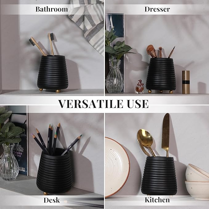 Folkulture Toothbrush Holders for Bathroom or Tooth Brushing Holder, Black Toothbrush Holder, 4x3 Wood Bathroom Toothbrush Holder, Bathroom Organizers and Storage Countertop, Toothbrush Organizer
