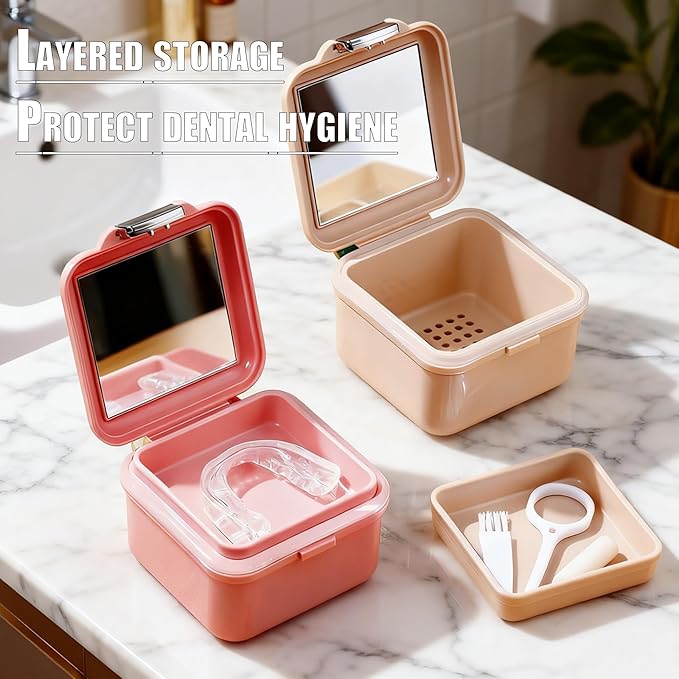 Denture Case Kit, Retainer Cleaning Case False Teeth, Retainer Cleaning Denture Bath Cup with Mirror Use in Denture Bridges, Denture Soaking Container, Traditional Braces for Travel （Pink）
