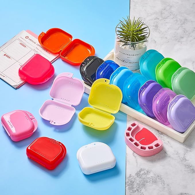 Maxdot 300 Pack Retainer Cases Bulk with Vent Holes Orthodontic Mouth Guard Case Denture Container Multicolor Dental Storage Box for Travel Dentist Office (17 Colors)