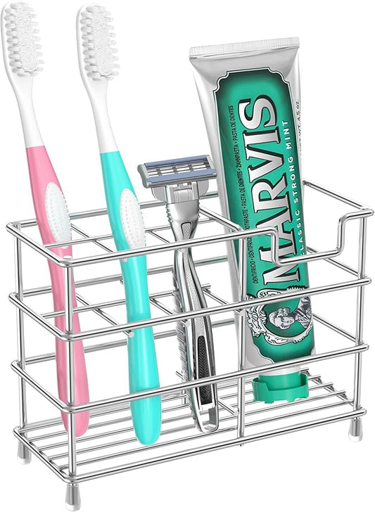 HBlife Medium Toothbrush Holder for Bathroom, 7 Slots Silver Stainless Steel Bathroom Accessories Organizer for Small Spaces