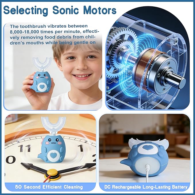 Kids Electric U Shaped Toothbrush, Sonic Automatic Toothbrush Kids with 4 Brush Heads, 3 Cleaning Modes, Cartoon Dinosaur IPX7 Waterproof 360º Round Toddler Electric Toothbrush(Blue, Ages 2-12)