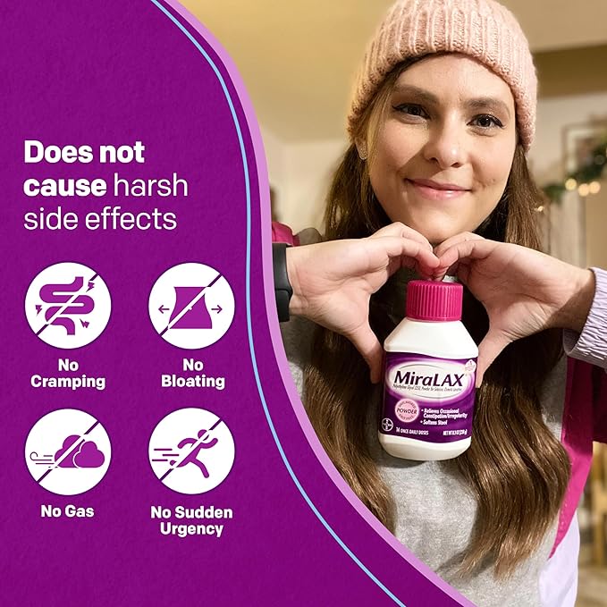 MiraLAX Laxative Powder, Gentle Constipation Relief for Adults, Stool Softener with PEG 3350, Nonstimulant Laxative, No Harsh Side Effects, Osmotic Laxative, 45 Dose