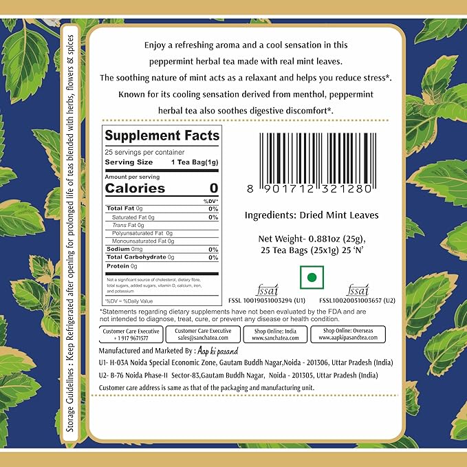 Sancha Tea Boutique, Peppermint Tea, Caffeine Free Herbal Tisane, 25 Pyramid Bags, Real Peppermint Leaves, Soothing & Relaxing