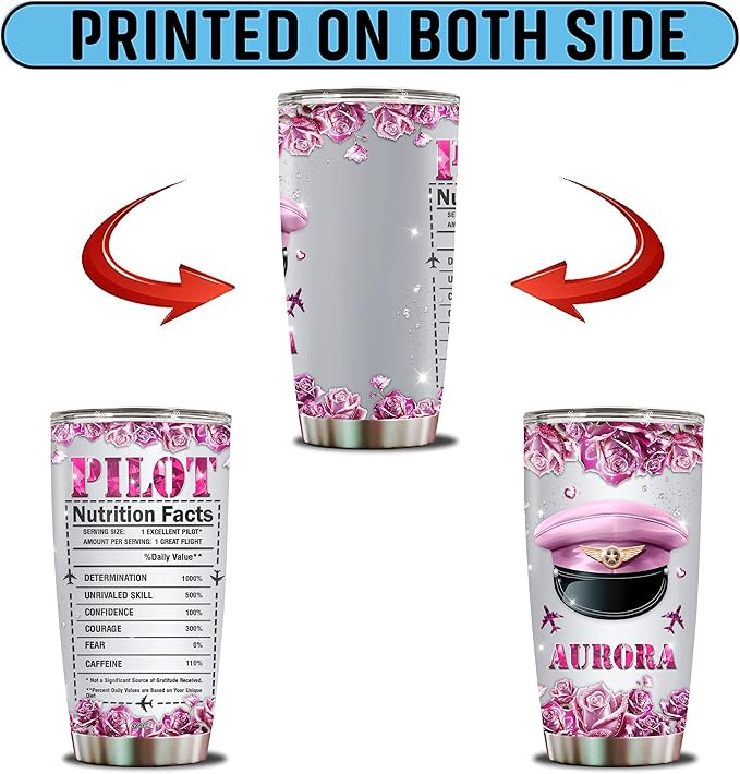 Personalized Pilot Gifts For Women 20oz Insulated Stainless Steel Coffee Mug Travel Cup Water Bottle Tumbler With Lid Gift For Wife Daughter Mom Christmas Birthday Mothers Day Valentine