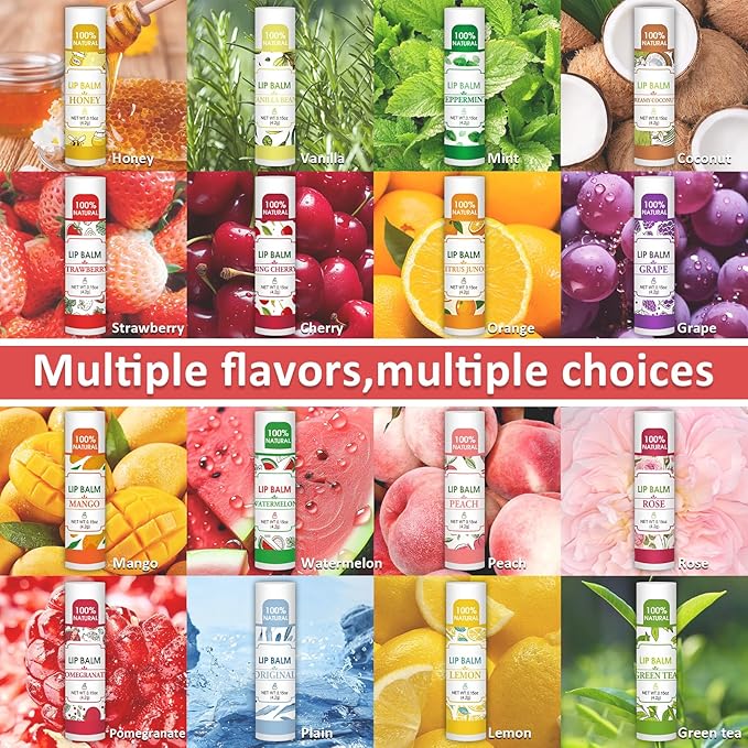 32 Pack Lip Balm, Natural Lip Balm Bulk with Vitamin E and Coconut Oil, Bulk Lip Balms for Dry Lips-16 Flavors