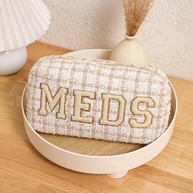 Personalized Chenille Letter Patch Checkered MEDS Bag,Cute Plaid Patter Drug Medicine Travel Makeup Bag with Zipper, Preppy Vitamin Organizer Bag for Women and Girls (06Beige Checkered)