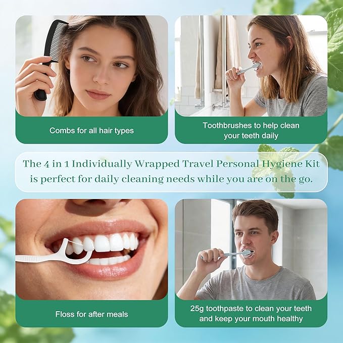 Travel Toothbrush Kit Bulk, Toothbrush Toothpaste Set, Hygiene Kit Bulk with Floss Picks, Comb, Protective Case, Individually Packaged, Suitable for Home, Travel, and Hotels (15-Pack)