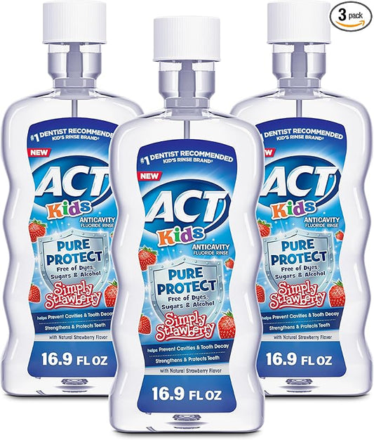 ACT Kids Anticavity Fluoride Mouthwash, Sugar & Alcohol Free Mouth Rinse Strengthens Teeth, Simply Strawberry, 16.9 fl. oz.(Pack of 3)