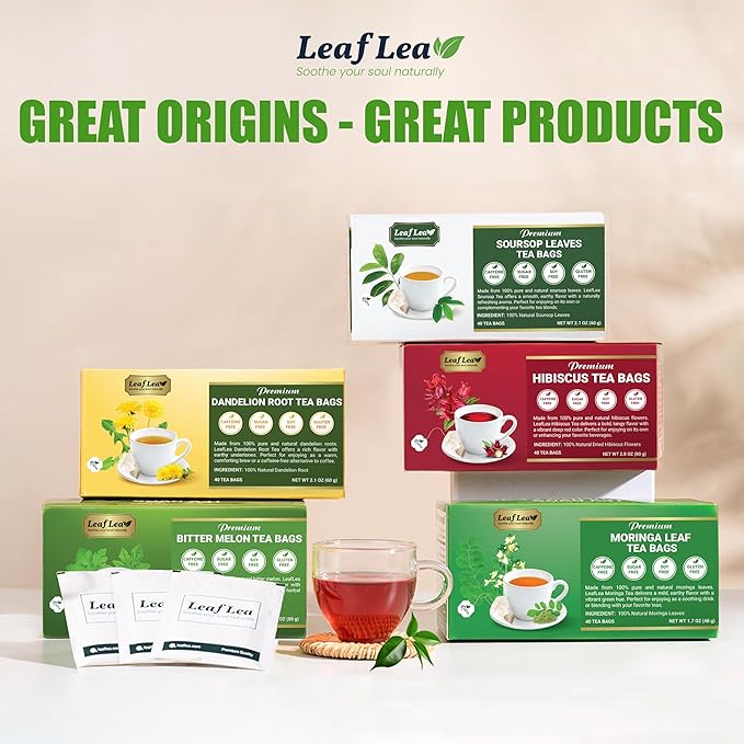 LeafLea Dandelion Root Tea Bags, 240 Count, Natural Dandelion Root Herbal Tea Blend, Supports Digestive and Immune Health, Caffeine-Free, Sugar-Free, Vegan, Gluten-Free, Pack of 6