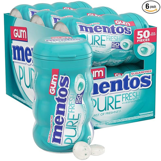 Mentos Pure Fresh Sugar-Free Chewing Gum with Xylitol, Wintergreen, Bulk, 50 Count ( Pack of 6)