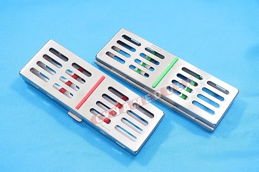 German Stainless 2 EA Dental Sterilization Cassette Rack Tray Box for 5 Instruments RED and Green