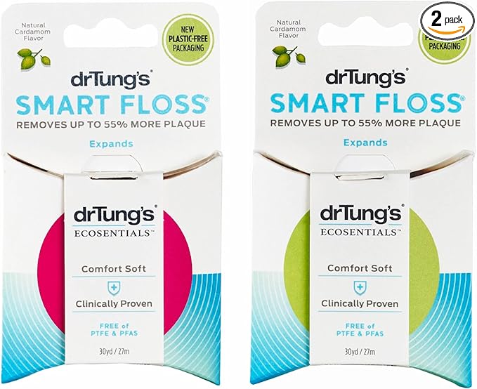 DrTung's Smart Floss - Natural, PTFE & PFAS Free Floss, Gentle on Gums, Expands & Stretches, BPA Free Floss - Natural Dental Floss Cardamom Flavor (Pack of 2)