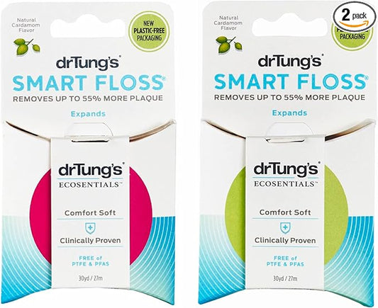 DrTung's Smart Floss - Natural, PTFE & PFAS Free Floss, Gentle on Gums, Expands & Stretches, BPA Free Floss - Natural Dental Floss Cardamom Flavor (Pack of 2)