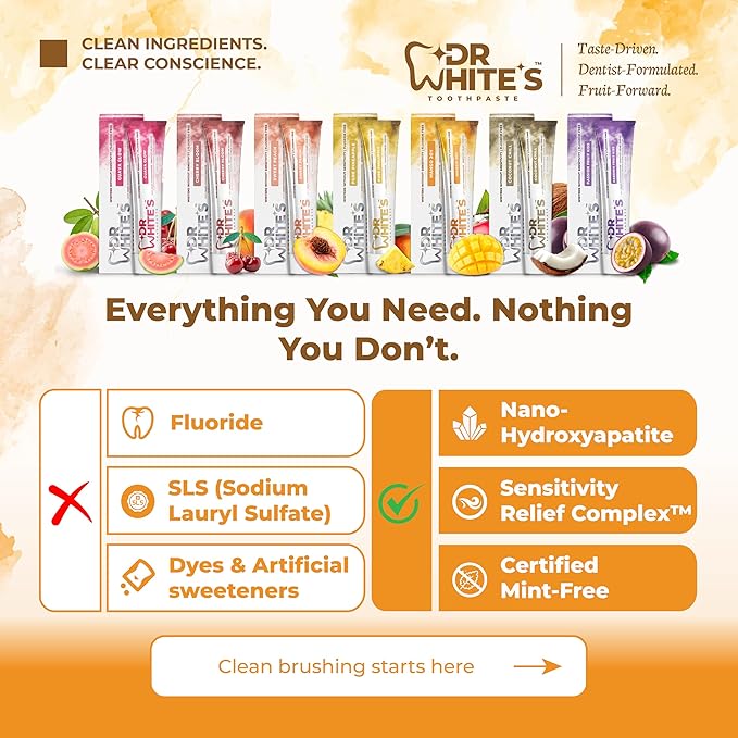 Dr. White’s Fruit by Design™ Line — Mango Joy Fluoride-Free Nano-Hydroxyapatite Toothpaste, 3.5 oz | Mint-Free | Dentist-Formulated | Enamel-Identical Mineral Care