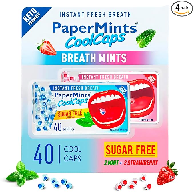 PaperMints CoolCaps - Instant Fresh Breath Mints Sugar-Free Variety 4 Pack - 160 capsules. Chronic Bad Breath Treatment for Adults, Peppermint Mouth Freshener Mint Pearls Halitosis Dry Mouth Products