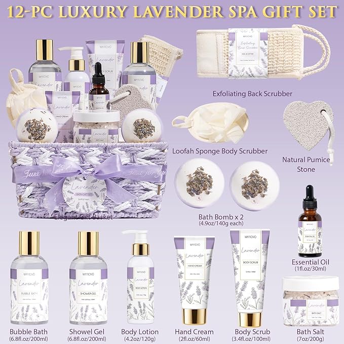 Birthday Gifts for Women, Lavender Relaxing Spa Gift Baskets for Women Self Care Package Bath Gift Set, Home Bath and Body Kit Pamper Valentines Day Gifts for Her Womens Mom Friends Wife Girlfriend