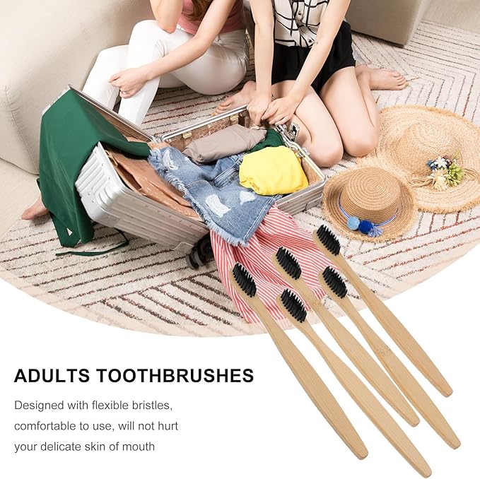 Vaguelly Disposable Charcoal Toothbrushes for Adults 10pcs, Soft Nylon Bristles with Wooden Handle, Natural Oral Care Tools Suitable for Travel and Daily Cleaning