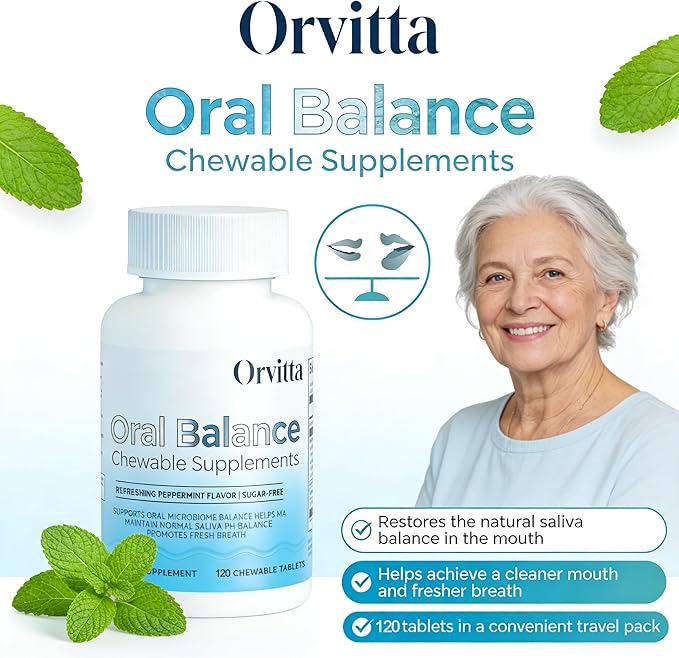 Orvitta Oral Balance Chewable Tablets, Sugar-Free, Refreshing Mint Flavor - Supports Oral microbiota, Saliva pH Balance, and Fresh Breath 120 Tablets