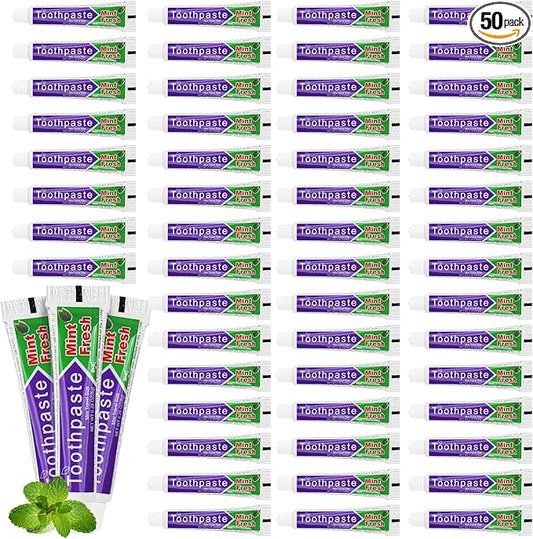 HAIFOTRVA 50 Tubes Small Bulk Travel Size Toothpaste,0.28 oz/8 g Mini Mint Flavor Disposable Toothpaste for Hotel,Guests,Homeless,Charity,Office,Camping