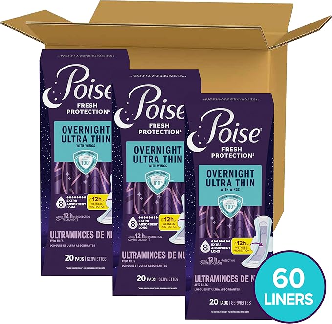 Poise Overnight Ultra Thin Incontinence & Postpartum Pads with Wings for Bladder Leaks, 8 Drop Extra Absorbent, Long Length, 60 Count (3 Packs of 20)