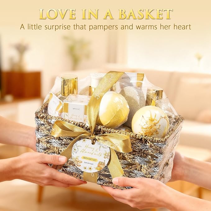 Birthday Gifts for Women, Honey & Almond Milk Relaxing Spa Gift Baskets for Women Self Care Package Bath Gift Set, Home Bath and Body Kit Pamper Valentines Day Gifts for Her Womens Mom Friends Sister