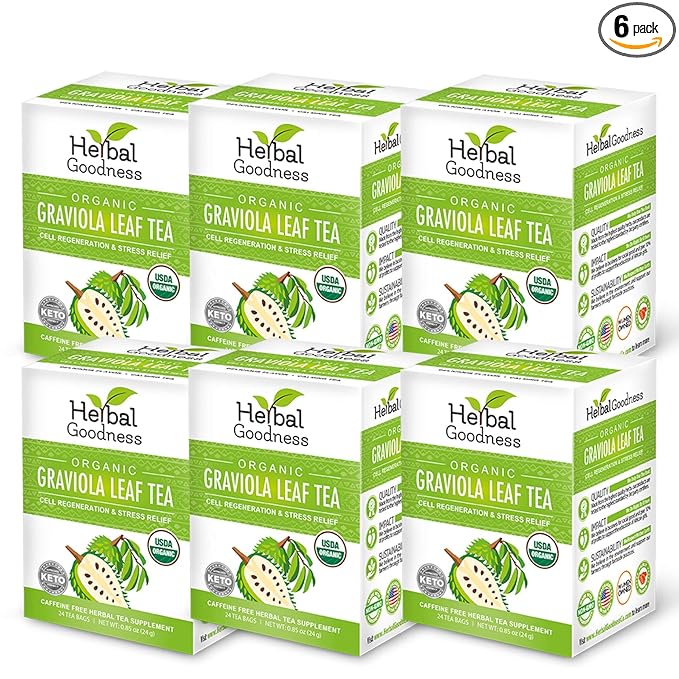 Graviola Leaf Tea - 144 Tea Bags - Hojas De Guanabana Organica Tea, Pure Organic Soursop Leaves, Rich In Antioxidant, Perfect For Immune Health, Digestion, Cell Regeneration & Heart Health - 6 Pack