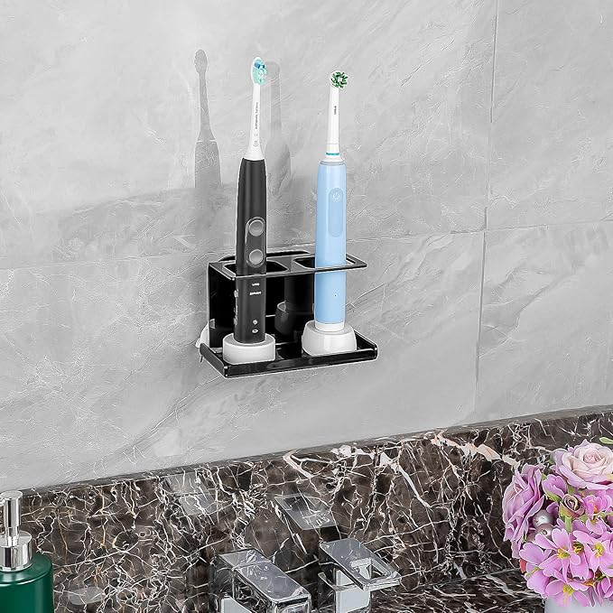 Electric Toothbrush Holder Wall Mounted, Electric Toothbrush Cord Organizer Holds 2 Chargers, Self Adhesive Electric Toothbrush Stand for Bathroom, Medicine Cabinet, Dorm(Black)