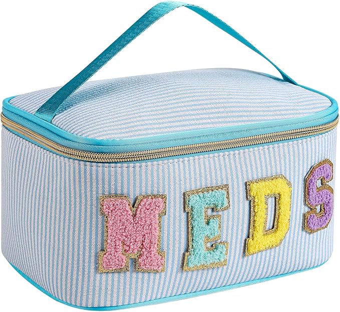 Chenille Letter MEDS Makeup Bag,Large Size Striped Medicine RX Cosmetic Bag with Top Handle, Aesthetic Seersucker First Aid Travel Organizer Bag for Women Girls(01Blue)