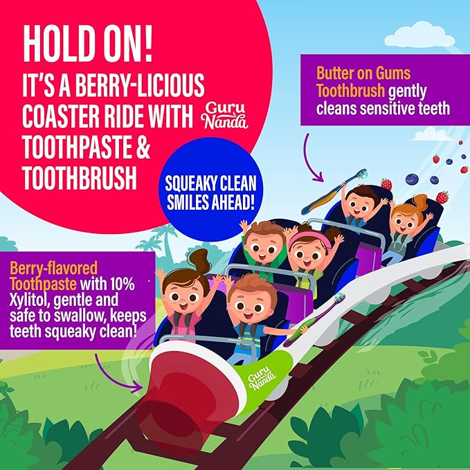 GuruNanda Kids Oral Care Regimen Kit with Toothpaste, Butter On Gums Toothbrush, Oil Pulling Mouthwash, Giraffe Floss Picks, Water Flosser & Tongue Scrapers