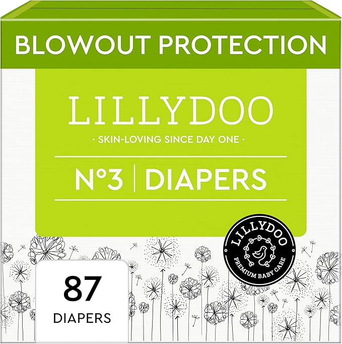 LILLYDOO Baby Diapers - Size 3 (13-22 lbs), Half-Monthly Supply (87 Count), Leak Protection, Skin-Friendly, Ultrasoft, Perfume- & Chlorine-Free, Hypoallergenic, dermatologically Tested, Oeko-TEX®