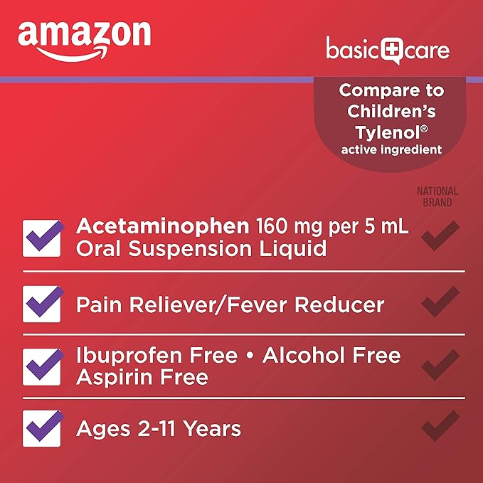 Amazon Basic Care Children's Acetaminophen 160 mg per 5 mL Oral Suspension, Grape Flavor, Pain Reliever and Fever Reducer for Headache, Sore Throat and Toothache, 4 fl oz (Pack of 1)