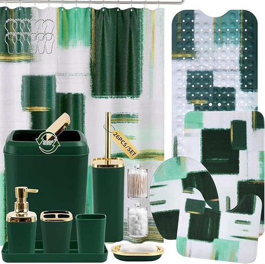 Bathroom Accessories Set - 26PCS Dark Green Bathroom Set, Bathroom Accessory Set with Shower Curtain and Rugs and Bathtub Mats for Home