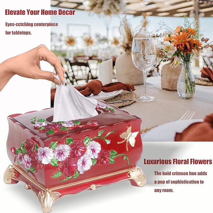 Bathroom Decor Accessories Set,6 PCS Including Soap Dispenser, Toothbrush Holder, Tumbler Soap Dish, Tissue Box and Trash Can, Red, Decorated with Flower