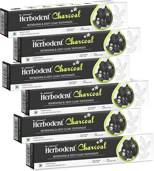 Herbodent® Charcoal Toothpaste - 6.53 Oz Pack of 6 | Whitens Teeth & Fresh Breath | No Bleach, No Fluoride | Activated Bamboo Charcoal & Organic Herbs -Wheat Germ Oil, Thyme Oil, Clove Oil