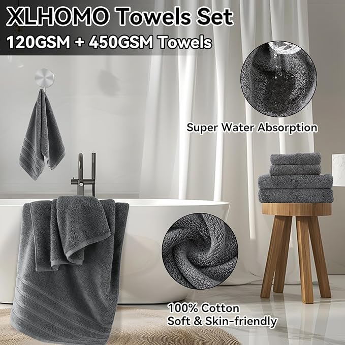 Bathroom Set - Grey Bathroom Accessories Set with Shower Curtain, Bath Towels, Soap Dispenser, Toilet Brush, Trash Can, Grey Bathroom Accessories Sets Complete for Housewarming