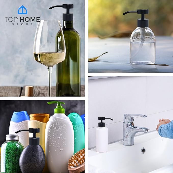 Elegant Flat Top Stainless Steel Soap and Lotion Dispenser Pumps (Black Matte, 4 Pack)