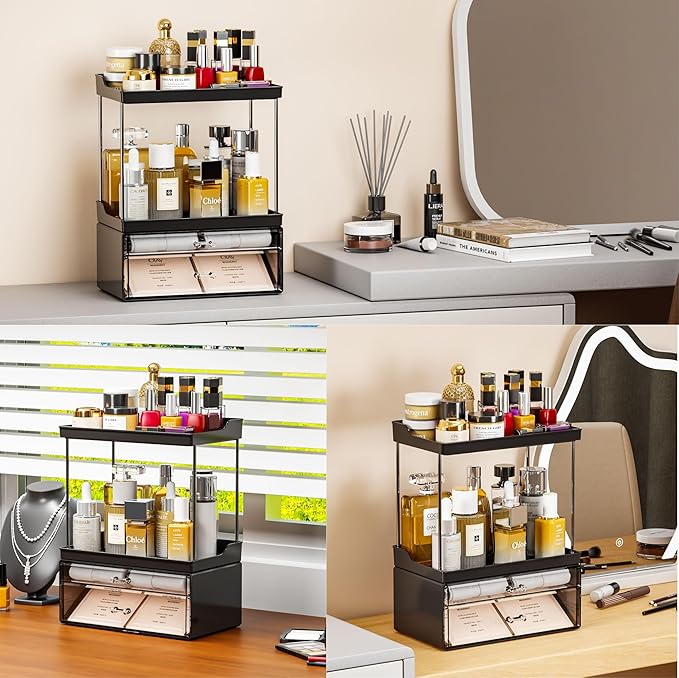 Yieach Acrylic Makeup Organizer Countertop,Large Skincare Organizer for Dresser Top,Plastic Bathroom Counter Organizers and Storage for Beauty,Cosmetic,Hair Products,Lotion and Perfume Organizer,Black
