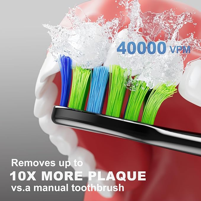 7AM2M Sonic Electric Toothbrush for Adults and Kids, 40000VPM Power Toothbrushes, USB-C Rechargeable with 4 Brush Heads, 5 Modes, 2 Minutes Built in Smart Timer, One Charge for 60 Days (Black)