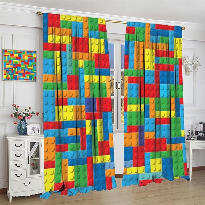 Colorful Building Block Toy Printed Curtains, Building Blocks, Curtains, Fun Brick 3D Design, Kids, Teens, Girls, Boys, Living Room, Bedroom, Window Treatment Panels, 2 Panels 42x54in