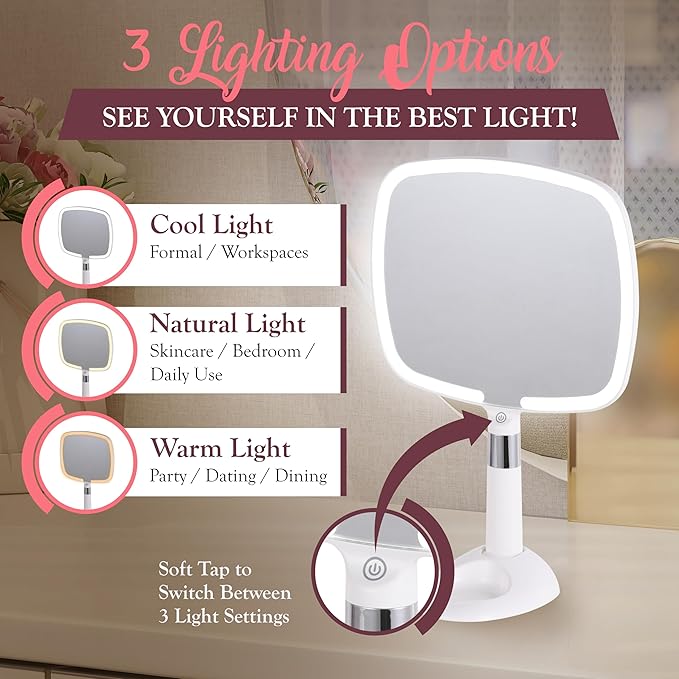 MIRRORVANA Lighted Travel Hand Mirror with Comfy Handle and Detachable Stand - Portable, Thin and Lightweight Design - Rechargeable with 3 LED Light Settings - 9" x 13" (White)
