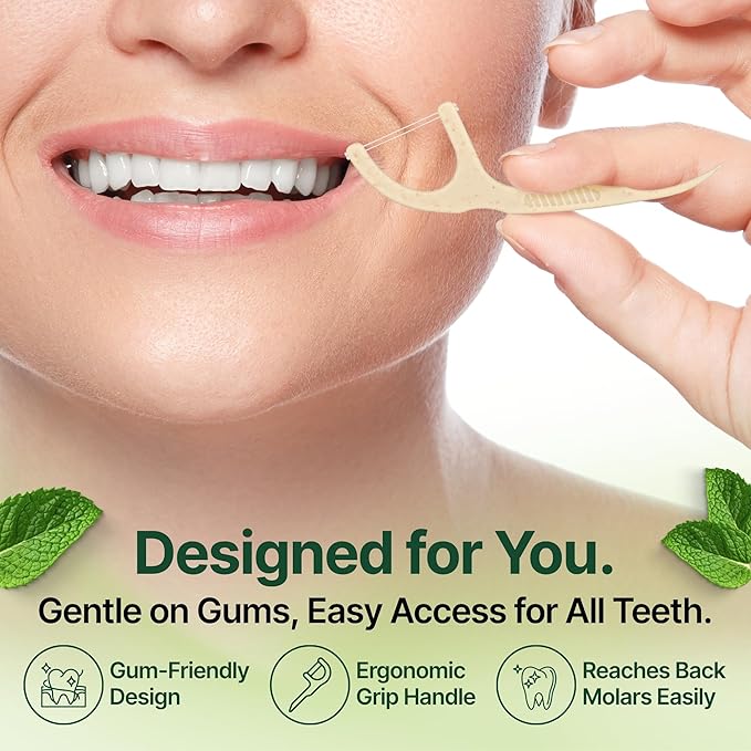 Double Thread Biodegradable Floss Picks (200-Count) - Mint Flavoured Eco-Friendly Plant-Based Dental Flossers for Tight Teeth - Plastic-Free Floss with Ergonomic Design for Sensitive Gums